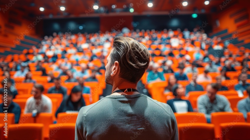 A vibrant image of a large seminar venue filled with professionals, seated in rows and focused on a presenter, showcasing a well-equipped space designed for corporate training sessions or educational A vibrant image of a large seminar venue filled with professionals, seated in rows and focused on a presenter, showcasing a well-equipped space designed for corporate training sessions or educational