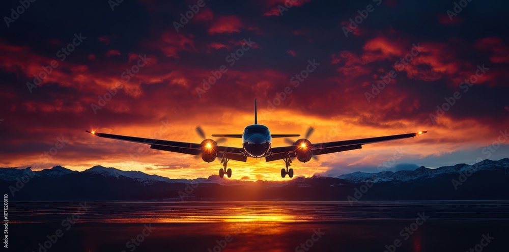 Airplane Silhouette Gliding Through a Fiery Sunset Sky, Capturing the Beauty of Evening Travel Airplane Silhouette Gliding Through a Fiery Sunset Sky, Capturing the Beauty of Evening Travel