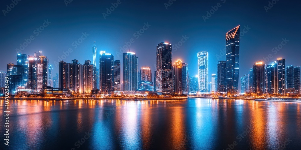 Obraz premium Futuristic City with Seamless Architecture and Vibrant Skies: A Vision of Tomorrow's Urban Landscape