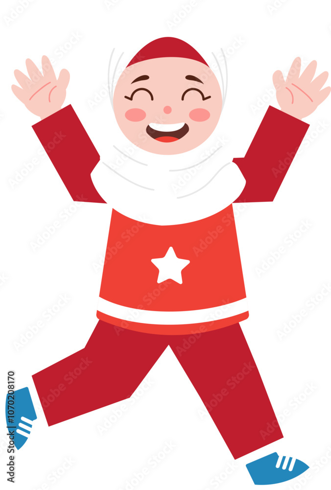 Happy Muslim Girl Jumping Red Outfit White Hijab Illustration