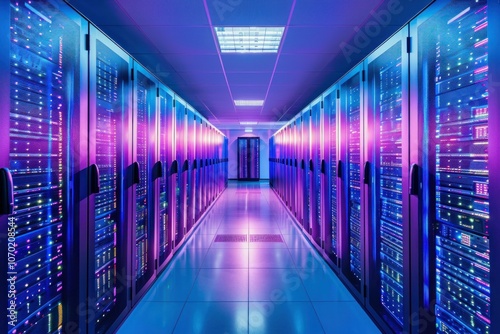 Server racks emitting vibrant purple and blue neon light illuminating a modern data center