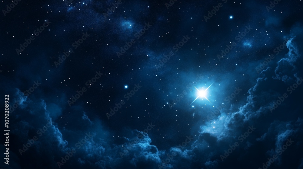 Fototapeta premium Star shines in dark sky, vast solitude, soft glowing ambiance. AI generated