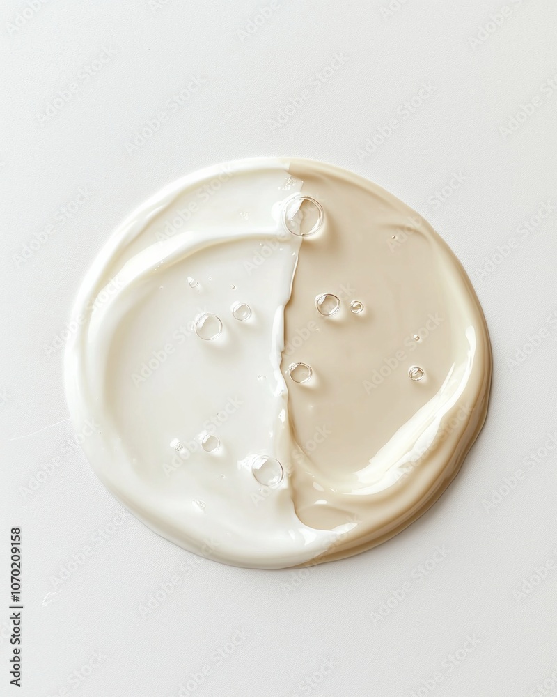 Swirled cream and beige liquid with bubbles on white background Swirled cream and beige liquid with bubbles on white background
