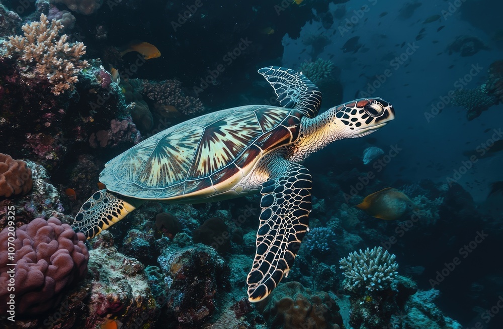 Fototapeta premium A sea turtle swimming gracefully in the crystal-clear waters of an underwater coral reef, surrounded by vibrant colors and lush corals.