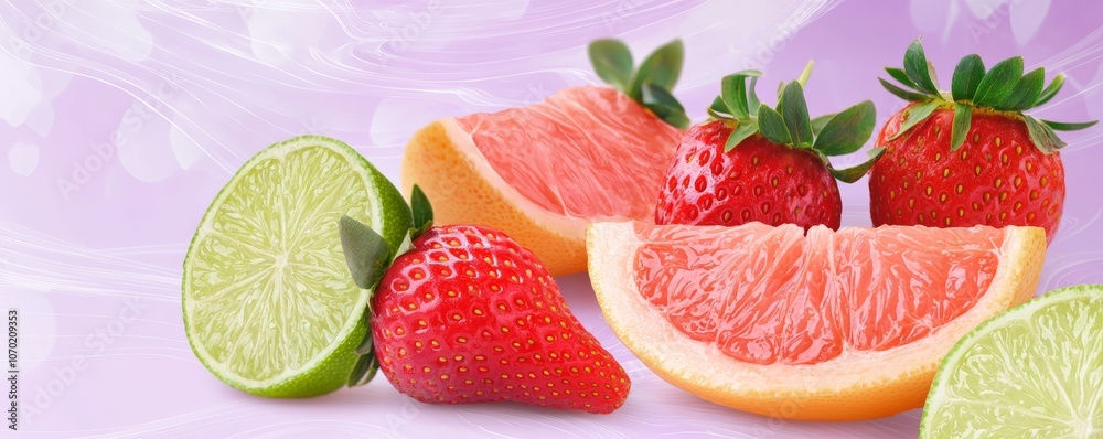 Fresh strawberries, lime slices, and grapefruit segments on a pale lilac background with faint swirls. Fresh strawberries, lime slices, and grapefruit segments on a pale lilac background with faint swirls.