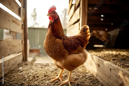 Brown chicken standing in a barn environment photo