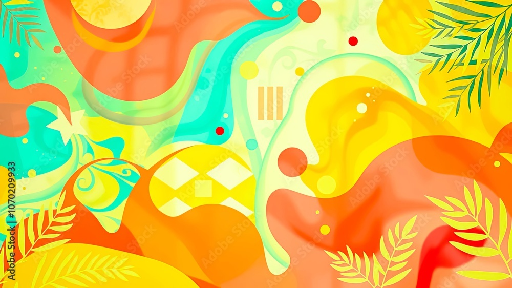 Fototapeta premium A vibrant abstract background featuring a dynamic interplay of fluid shapes, geometric patterns, and delicate foliage, showcasing a harmonious blend of color and form.
