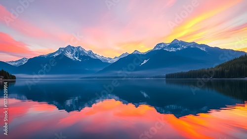 Peaceful Serene Mountain Reflection in Still Waters at Dawn