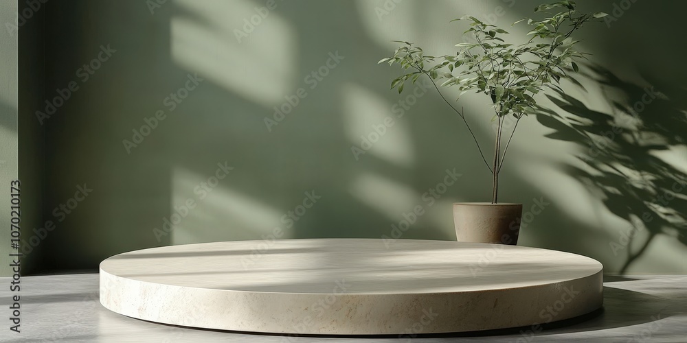 Round Marble Podium with Plant Against Green Wall Round Marble Podium with Plant Against Green Wall