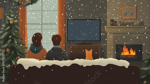 Back view of couple sitting on sofa watcing television in their house. Ginger cat watches snow falling from window. Cosy interior design with fireplace and tv screen. Flat design vector illustration. photo