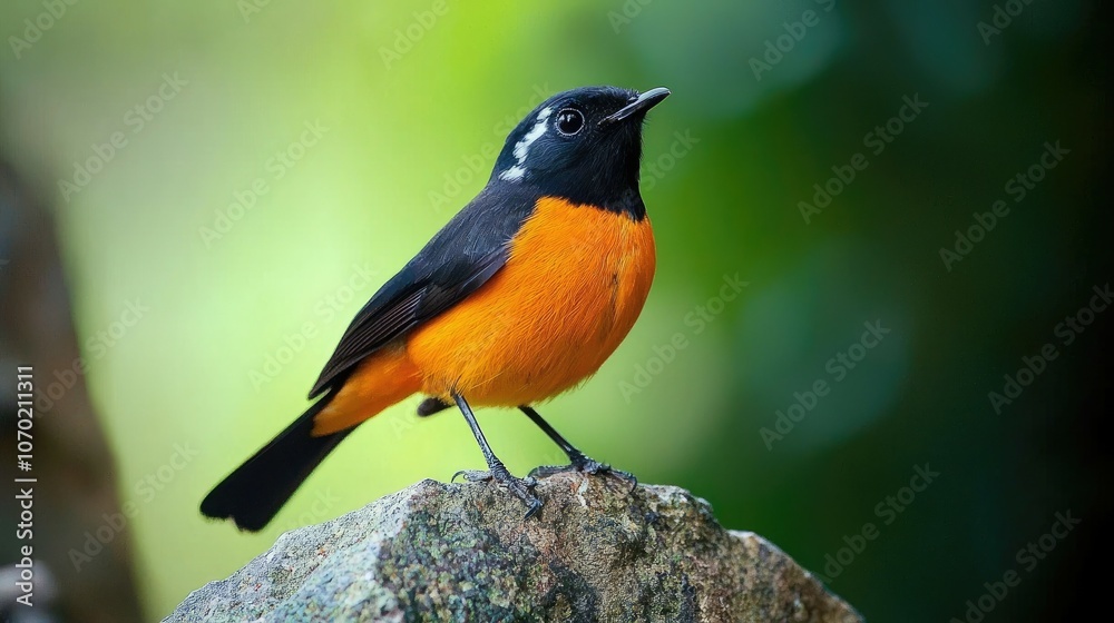 Naklejka premium A small, brightly colored bird with black, white, and orange plumage perches on a rock in a natural setting.