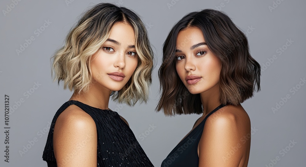 two models with different hair colors and styles, each wearing the same black dress two models with different hair colors and styles, each wearing the same black dress
