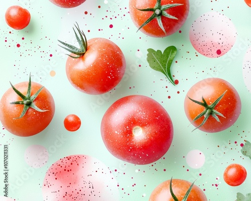 Tomatoes in shades of red and orange on a muted green background with a mix of watercolor and line art elements.