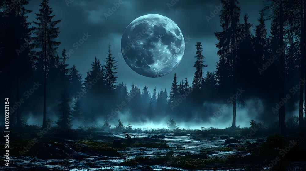 Forest Night With Full Moon - Illustration Forest Night With Full Moon - Illustration