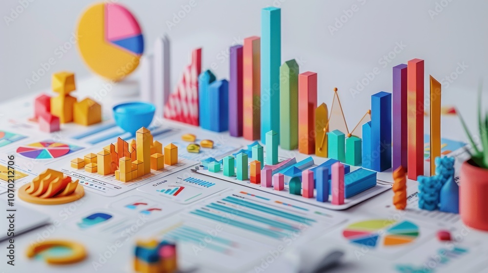Budget visualization in 3D with categorized spending bars, color-coded expenses, and detailed income streams on a white background Budget visualization in 3D with categorized spending bars, color-coded expenses, and detailed income streams on a white background