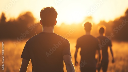 Friends playing football in a park golden hour light wide shot energyfilled scene photo