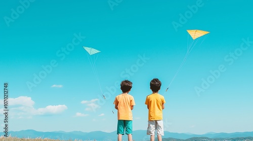 Kids flying kites in a field under a clear blue sky captured midair wideangle vivid colors