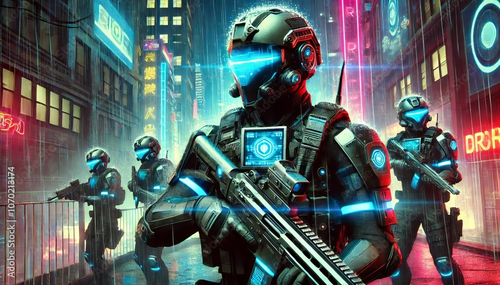 Futuristic Soldiers in High-Tech Armor with Glowing Visors Futuristic Soldiers in High-Tech Armor with Glowing Visors