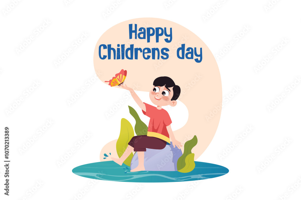 A cheerful boy sitting on a rock in water, holding a colorful butterfly, celebrating Children's Day. Vector illustration A cheerful boy sitting on a rock in water, holding a colorful butterfly, celebrating Children's Day. Vector illustration