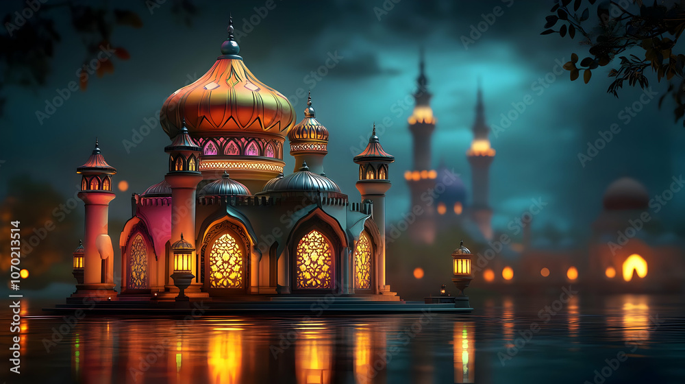 Fototapeta premium Mosque on Water at Night - 3D Illustration