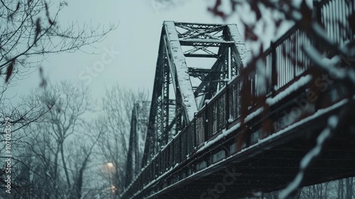A steel bridge covered in snow with bare trees in the background.