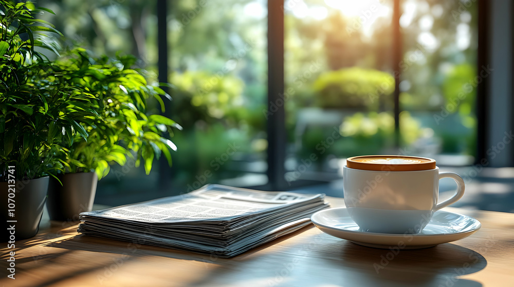 Morning Coffee and Newspaper on a Table - Realistic Image Morning Coffee and Newspaper on a Table - Realistic Image