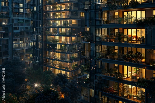 Modern apartment buildings with glowing windows at night in the city with trees and plants on balconies