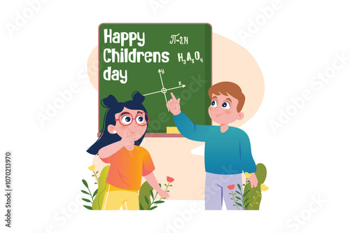 Two children celebrating Children's Day in front of a chalkboard with mathematical equations. Vector illustration