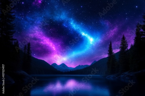 Northern Hemisphere Night Sky - night sky, stars, galaxy, reflection, lake, mountains, trees, silhouette, purple, blue, nature, landscape, night, twilight, cosmic, starlit, sky