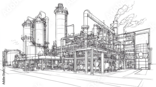 High tech fuel refinery plant complex with intricate pipelines and structures, showcasing advanced industrial design and engineering