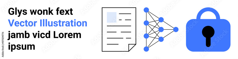 Text, document, network nodes, and blue padlock representing data protection. Ideal for cybersecurity, data storage, digital communication, privacy policies, network security, secure file sharing Text, document, network nodes, and blue padlock representing data protection. Ideal for cybersecurity, data storage, digital communication, privacy policies, network security, secure file sharing