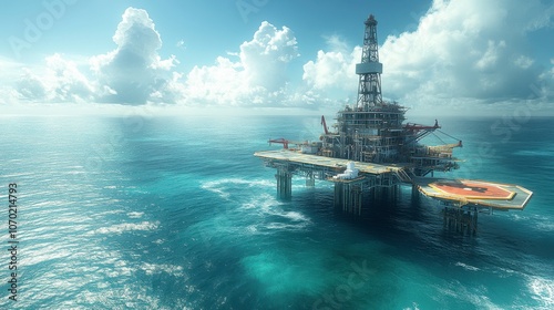 Aerial View of Oil Rig with Helicopter Pad in Daylight