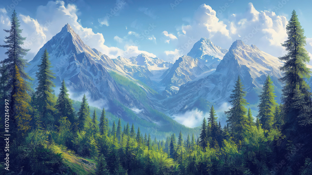 Breathtaking mountain landscapes adorned with lush coniferous forests creating a serene nature Breathtaking mountain landscapes adorned with lush coniferous forests creating a serene nature