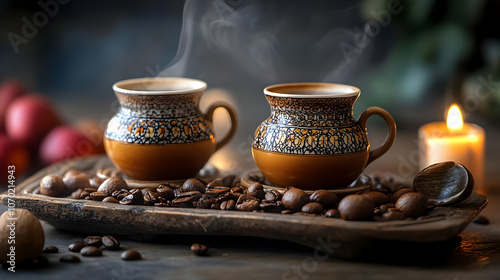 Two Cups of Steaming Coffee on a Wooden Tray - Realistic Image