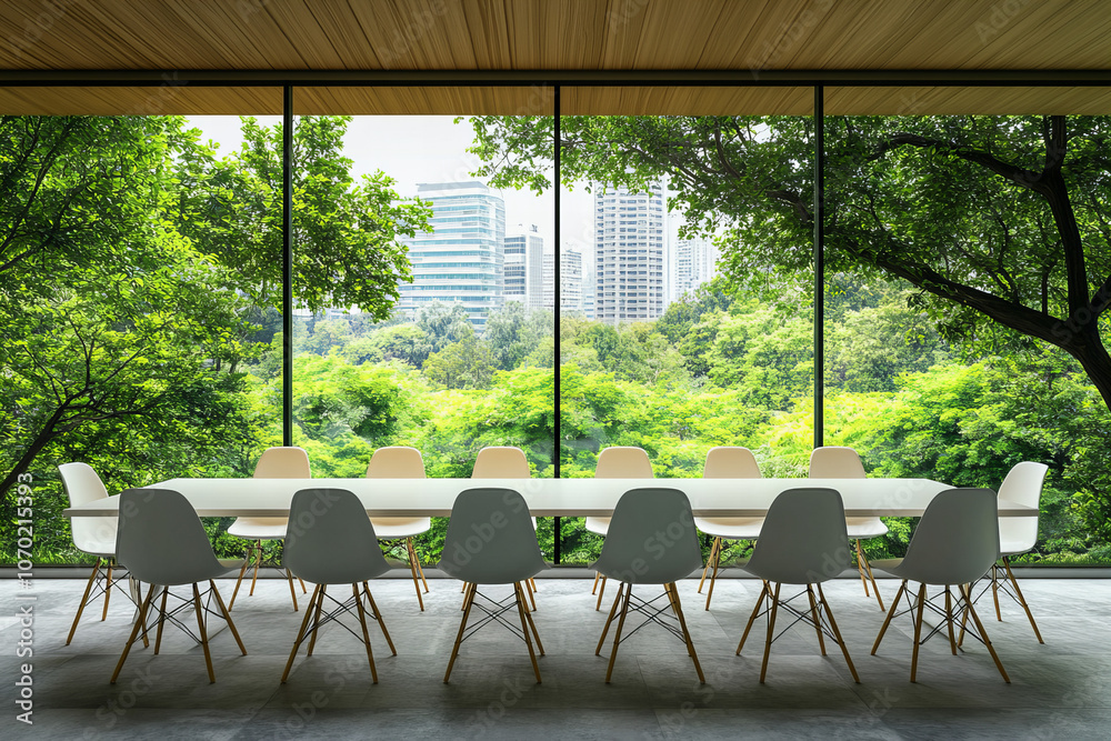 Fototapeta premium Elegant Modern Meeting Room with Panoramic Cityscape and Sunset Views, Featuring Sleek Furniture and Spacious Design for Corporate, Executive, and Professional Gatherings