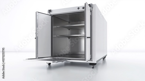 Industrial Freezer: Open Door, Empty Interior, White Background