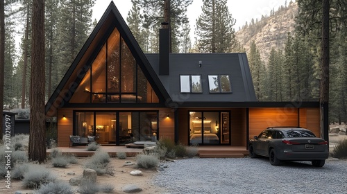 A modern house in the woods with black metal accents, large windows photo