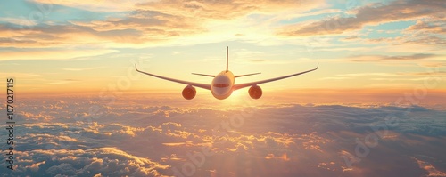 A serene view of an airplane flying above the clouds at sunset photo