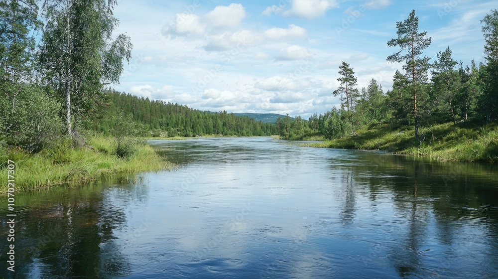 Obraz premium A tranquil river flows through a lush green forest, with a blue sky and white clouds overhead.