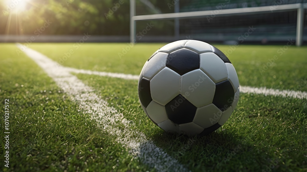 Fototapeta premium close-up photo of black and white soccer ball on field on sunny day. generative ai