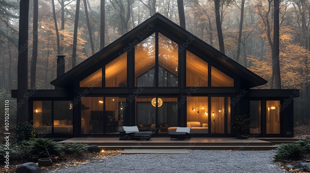 Fototapeta premium A modern house in the woods with black metal accents, large windows