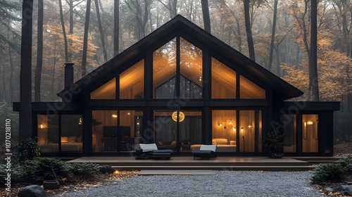 A modern house in the woods with black metal accents, large windows