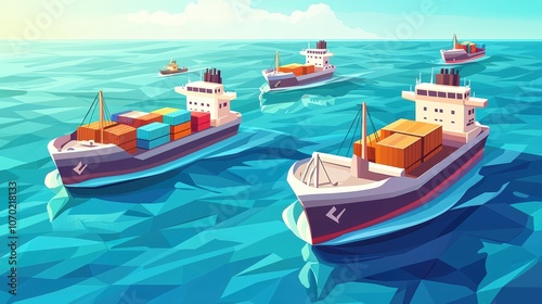 A vibrant digital illustration of cargo ships sailing on a shimmering ocean