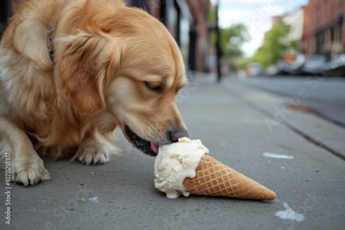 A playful scene of a dog licking a fallen ice cream cone on the sidewalk photo