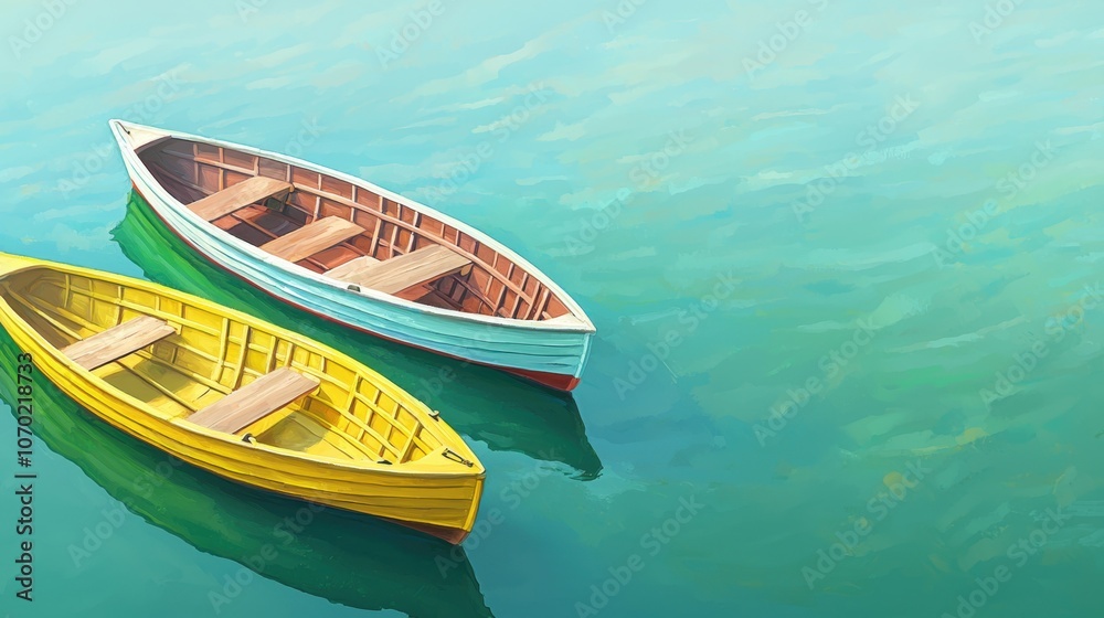 Two colorful boats float serenely on calm turquoise waters Two colorful boats float serenely on calm turquoise waters