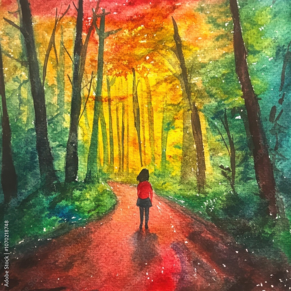 Person walking down a vibrant forest path surrounded by colorful autumn trees. Person walking down a vibrant forest path surrounded by colorful autumn trees.
