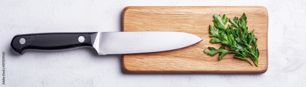 A sharp knife rests on a wooden cutting board, accompanied by freshly chopped green herbs A sharp knife rests on a wooden cutting board, accompanied by freshly chopped green herbs