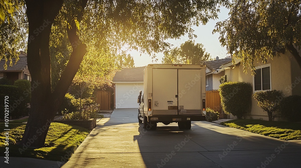 Moving truck parked in suburban driveway of house with lush greenery - residential move. Moving truck parked in suburban driveway of house with lush greenery - residential move.
