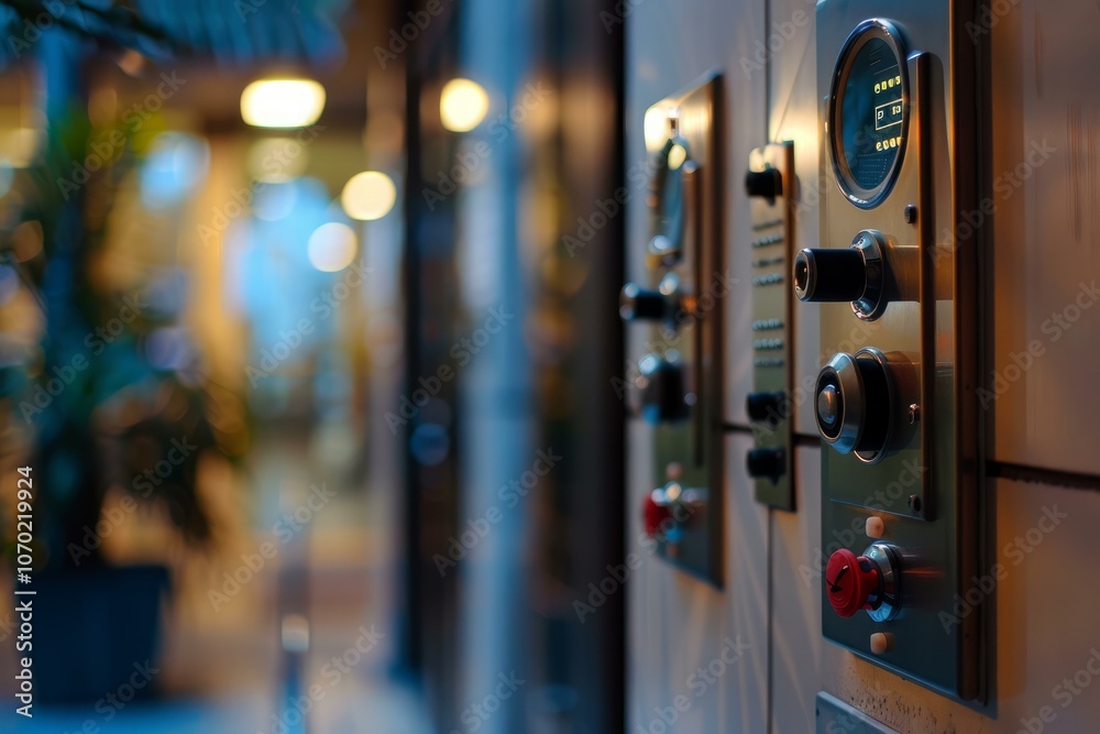 Modern intercom control panel is mounted on a wall, showing the time and allowing communication Modern intercom control panel is mounted on a wall, showing the time and allowing communication