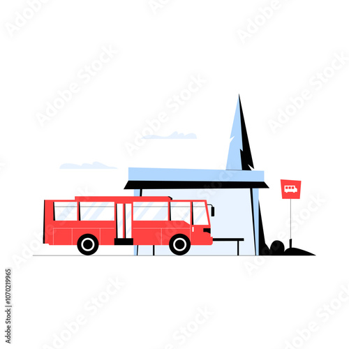 Red Bus At Bus Stop With Shelter In Flat Vector Illustration Symbolizing Public Transport, Urban Commuting, And City Infrastructure, Isolated On White Background.